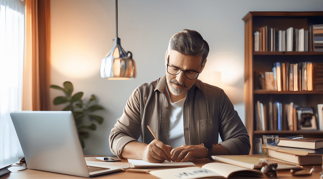 A self-publishing creativity sitting at the desk and thinking about his next song, poem or story