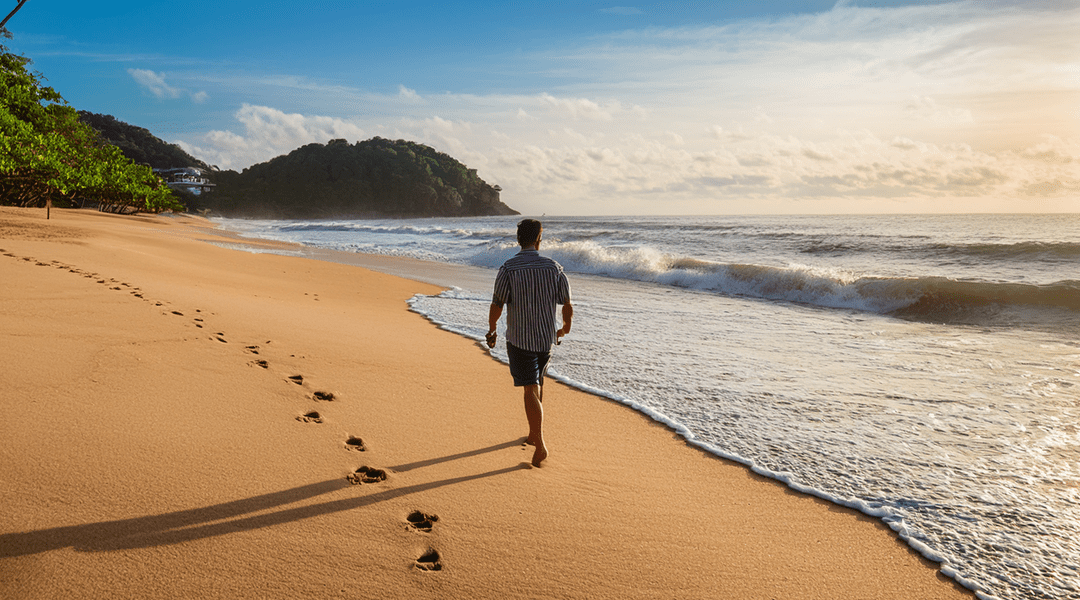 Man walking on the beach like foot prints in the sand